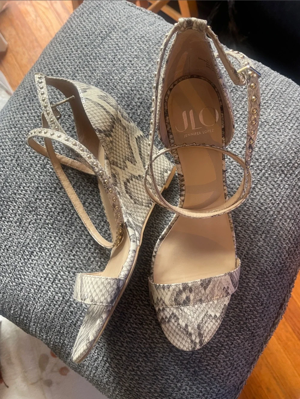 Jennifer Lopez Snake-Print Studded Ankle Strap Wedges - Beige